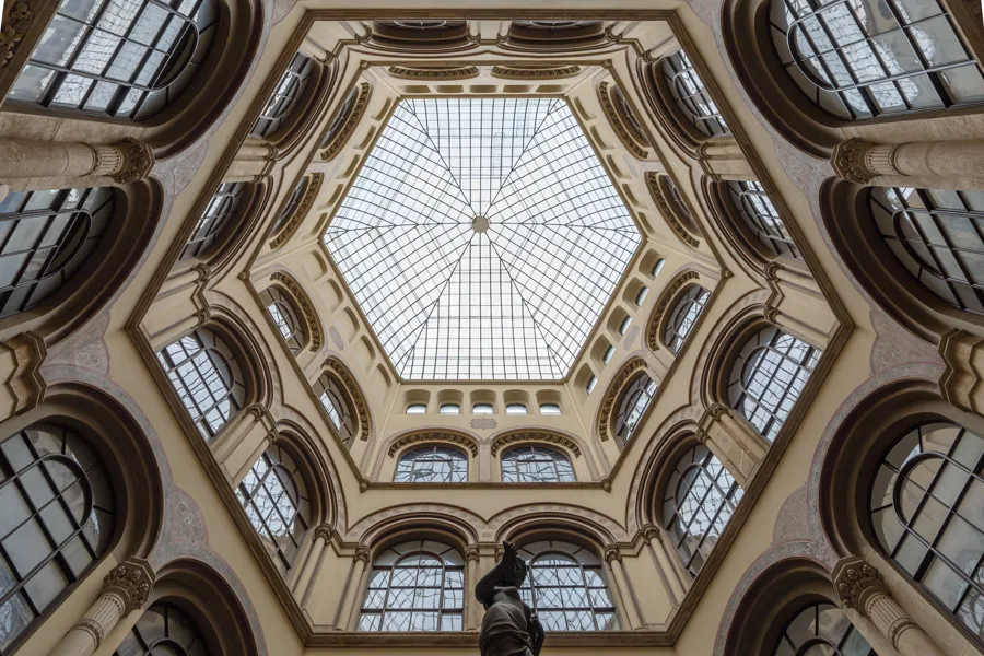 The glazed hexagonal dome of the Ferstel passage, Palais Ferstel, Vienna. Architectural reference, not a project of the House.